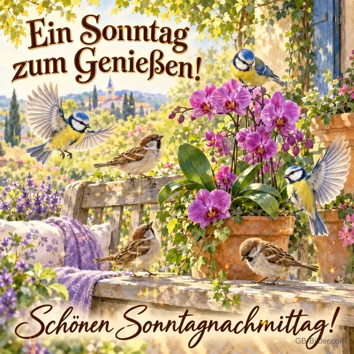 Meisen und Spatzen um Orchideen auf einer Gartenbank, Text: Ein Sonntag zum Genießen! – Schönen Sonntagnachmittag! Meisen und Spatzen um Orchideen auf einer Gartenbank, Text: Ein Sonntag zum Genießen! – Schönen Sonntagnachmittag!