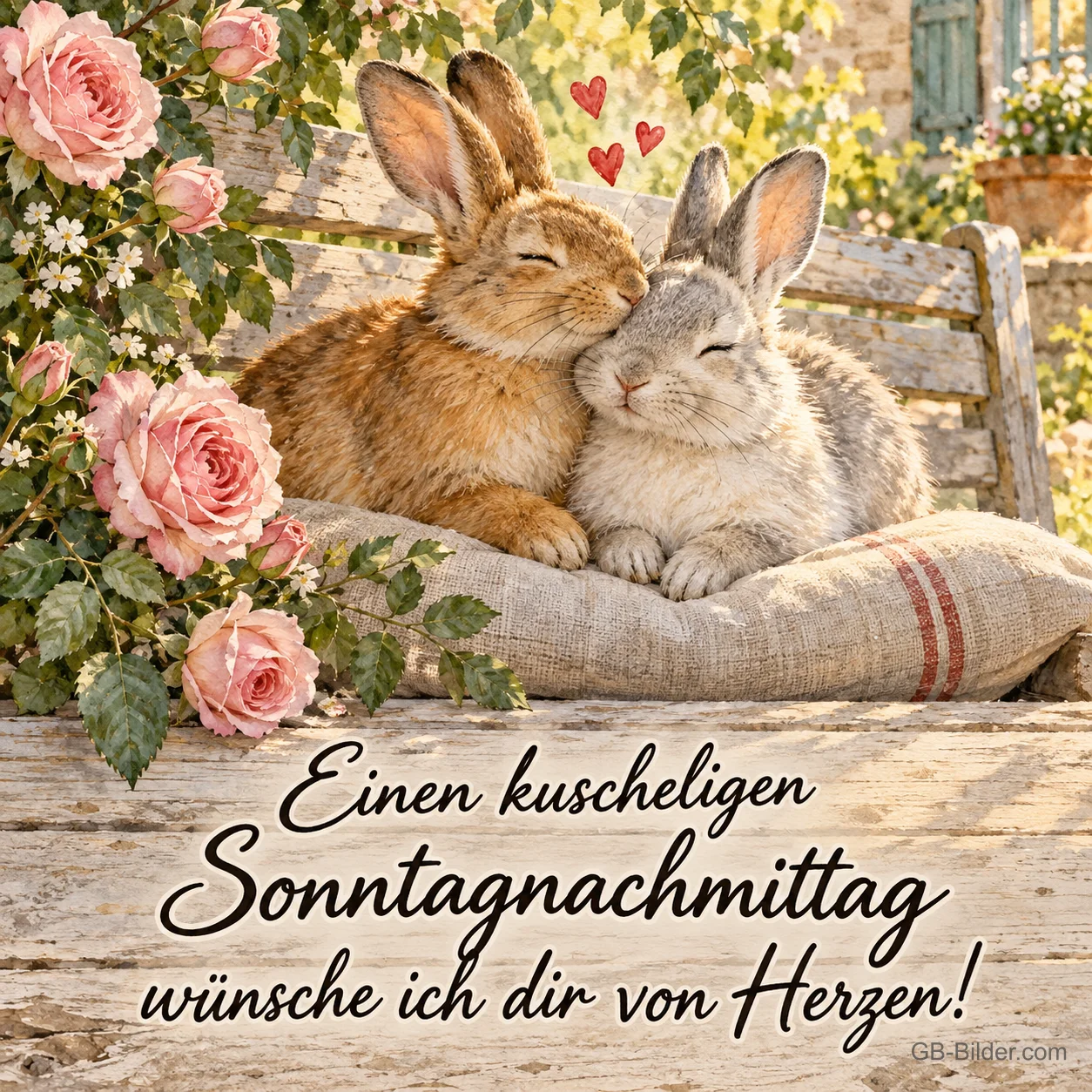 Zwei Hasen kuscheln auf einem Kissen zwischen Rosen, Text: Einen kuscheligen Sonntagnachmittag – wünsche ich dir von Herzen!