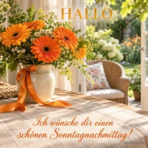 Orange Gerbera in einer Vase auf einem Tisch, Text: HALLO – Ich wünsche dir einen schönen Sonntagnachmittag!