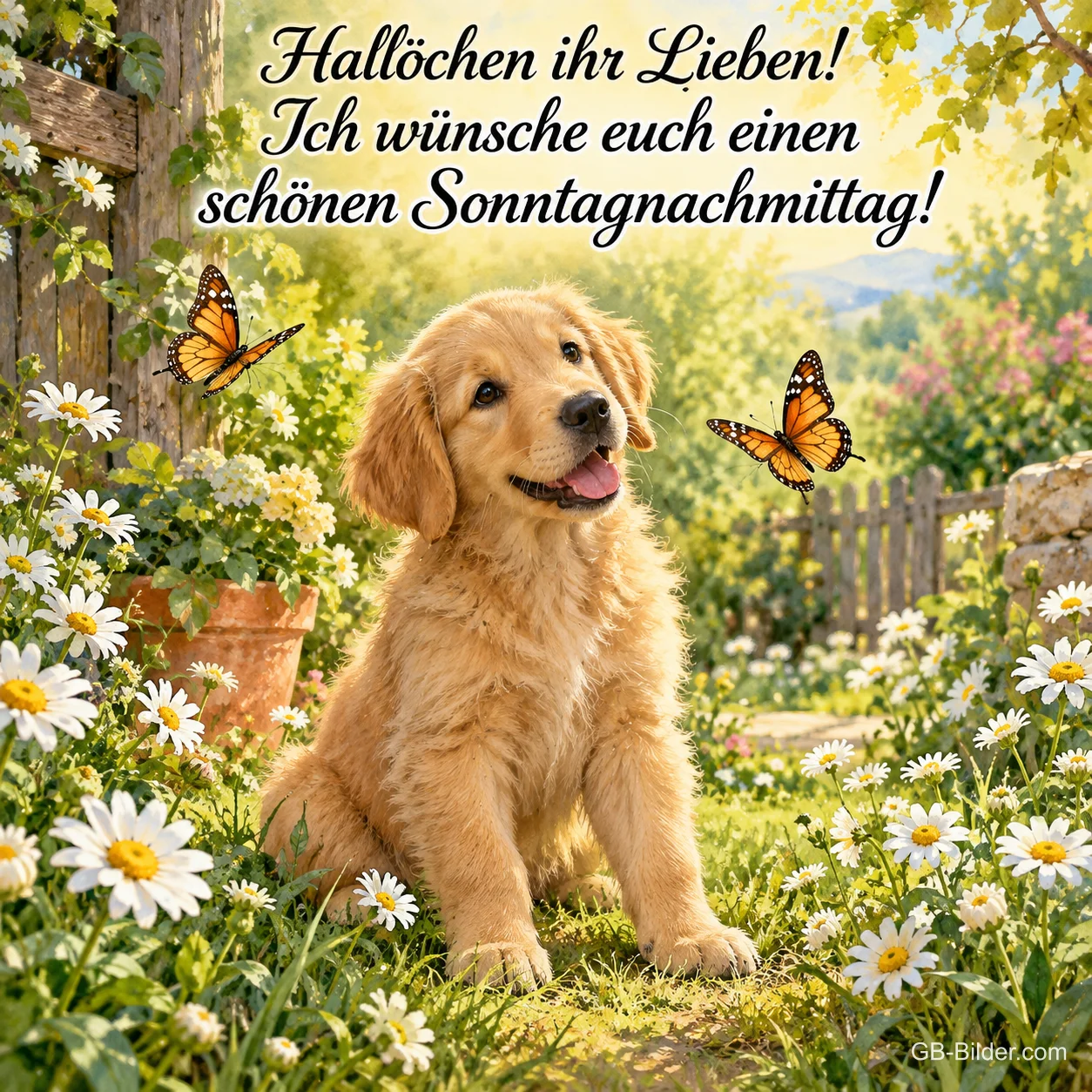 Golden-Retriever-Welpe sitzt zwischen Margeriten mit Schmetterlingen, Text: Hallöchen ihr Lieben! – Ich wünsche euch einen schönen Sonntagnachmittag!