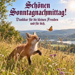 Fuchs springt einem Schmetterling in der Sommerwiese nach, Text: Schönen Sonntagnachmittag! – Dankbar für die kleinen Freuden und für dich.