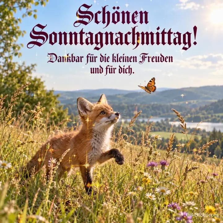 Fuchs springt einem Schmetterling in der Sommerwiese nach, Text: Schönen Sonntagnachmittag! – Dankbar für die kleinen Freuden und für dich. Fuchs springt einem Schmetterling in der Sommerwiese nach, Text: Schönen Sonntagnachmittag! – Dankbar für die kleinen Freuden und für dich.