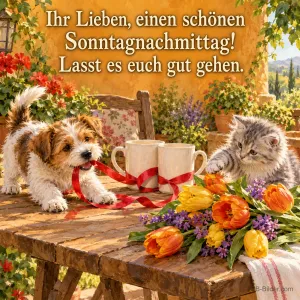 Welpe und Kätzchen spielen mit einem Band auf einem Gartentisch mit Tulpen, Text: Ihr Lieben, einen schönen Sonntagnachmittag! – Lasst es euch gut gehen.