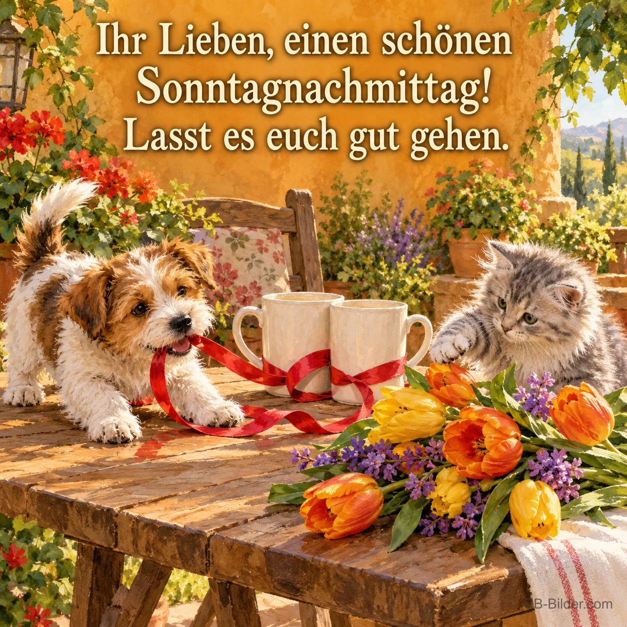 Welpe und Kätzchen spielen mit einem Band auf einem Gartentisch mit Tulpen, Text: Ihr Lieben, einen schönen Sonntagnachmittag! – Lasst es euch gut gehen.