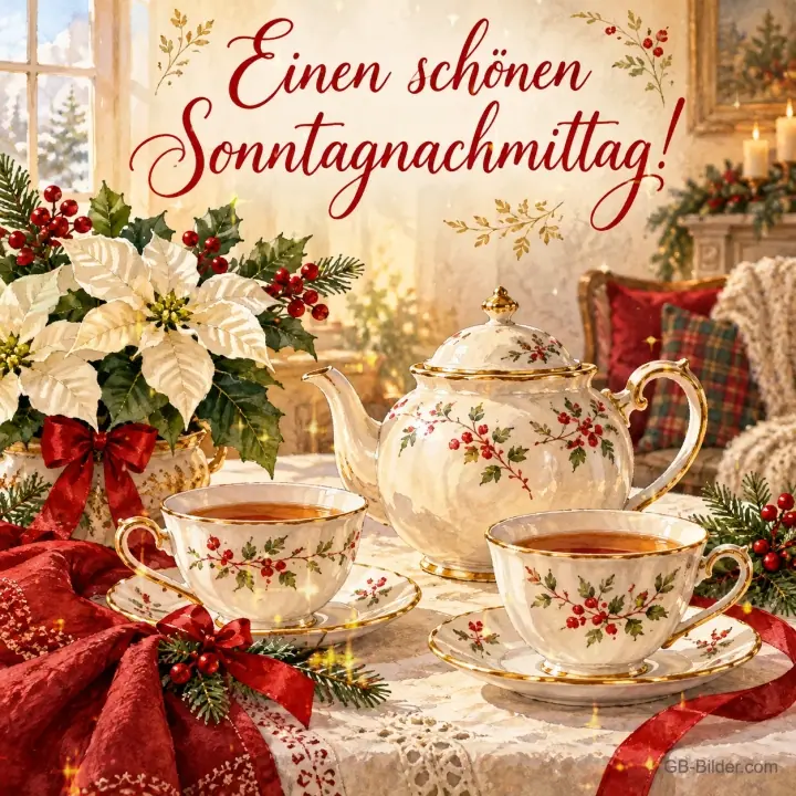 Weihnachtliches Teeservice mit Weihnachtssternen auf einem Tisch, Text: Einen schönen – Sonntagnachmittag! Weihnachtliches Teeservice mit Weihnachtssternen auf einem Tisch, Text: Einen schönen – Sonntagnachmittag!