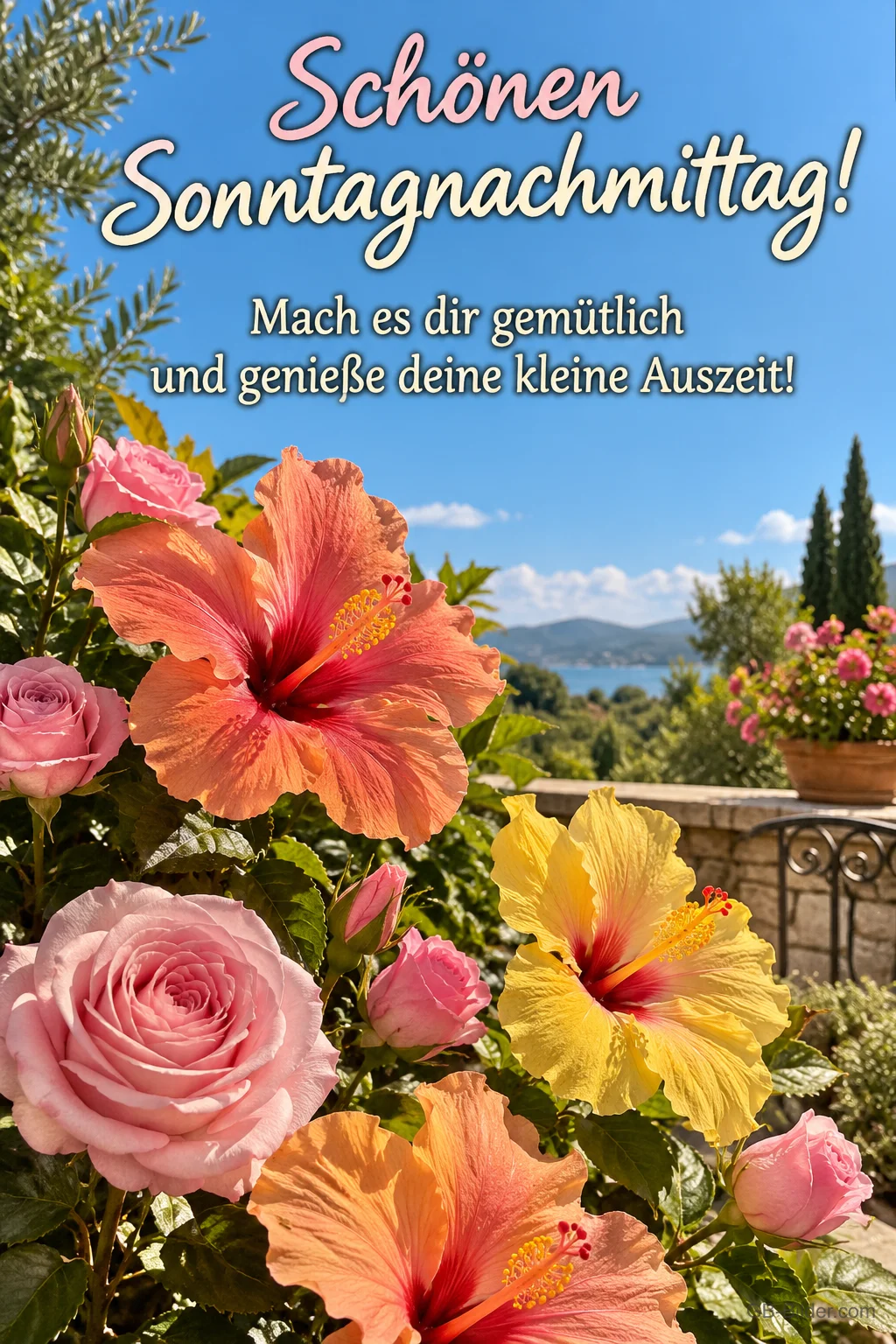 Hibiskus und Rosen auf einer Terrasse am See, Text: Schönen Sonntagnachmittag! – Mach es dir gemütlich und genieße deine kleine Auszeit!