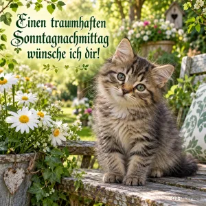 Getigertes Kätzchen sitzt auf einer Gartenbank zwischen Margeriten, Text: Einen traumhaften Sonntagnachmittag – wünsche ich dir!