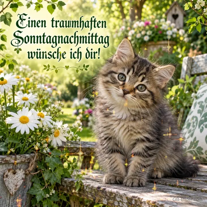 Getigertes Kätzchen sitzt auf einer Gartenbank zwischen Margeriten, Text: Einen traumhaften Sonntagnachmittag – wünsche ich dir! Getigertes Kätzchen sitzt auf einer Gartenbank zwischen Margeriten, Text: Einen traumhaften Sonntagnachmittag – wünsche ich dir!