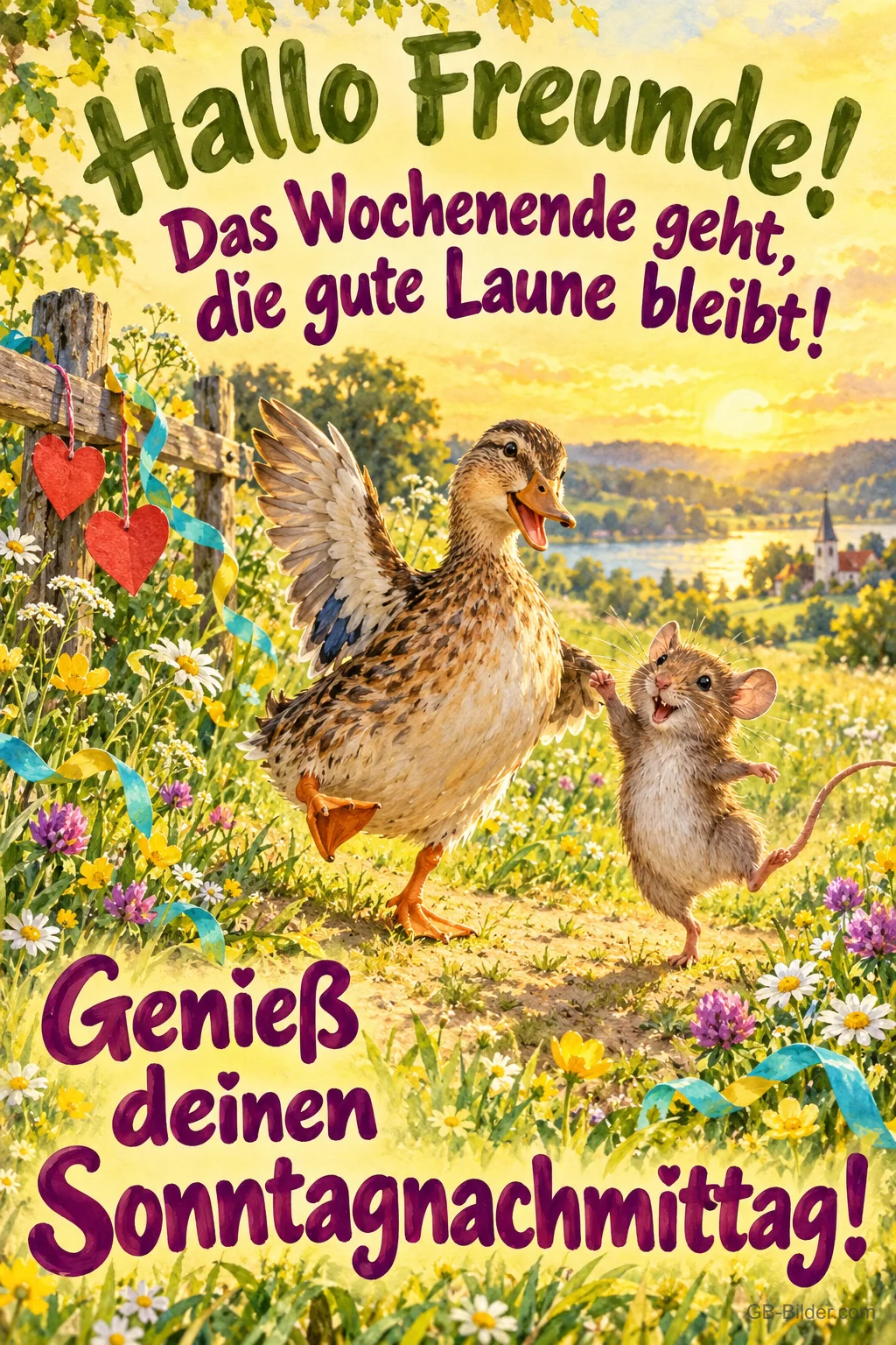 Ente und Maus tanzen über eine Sommerwiese, Text: Hallo Freunde! – Das Wochenende geht, die gute Laune bleibt! Genieß deinen Sonntagnachmittag!