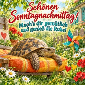 Schildkröte ruht auf einem Kissen im Blumengarten, Text: Schönen Sonntagnachmittag! – Mach's dir gemütlich und genieß die Ruhe!