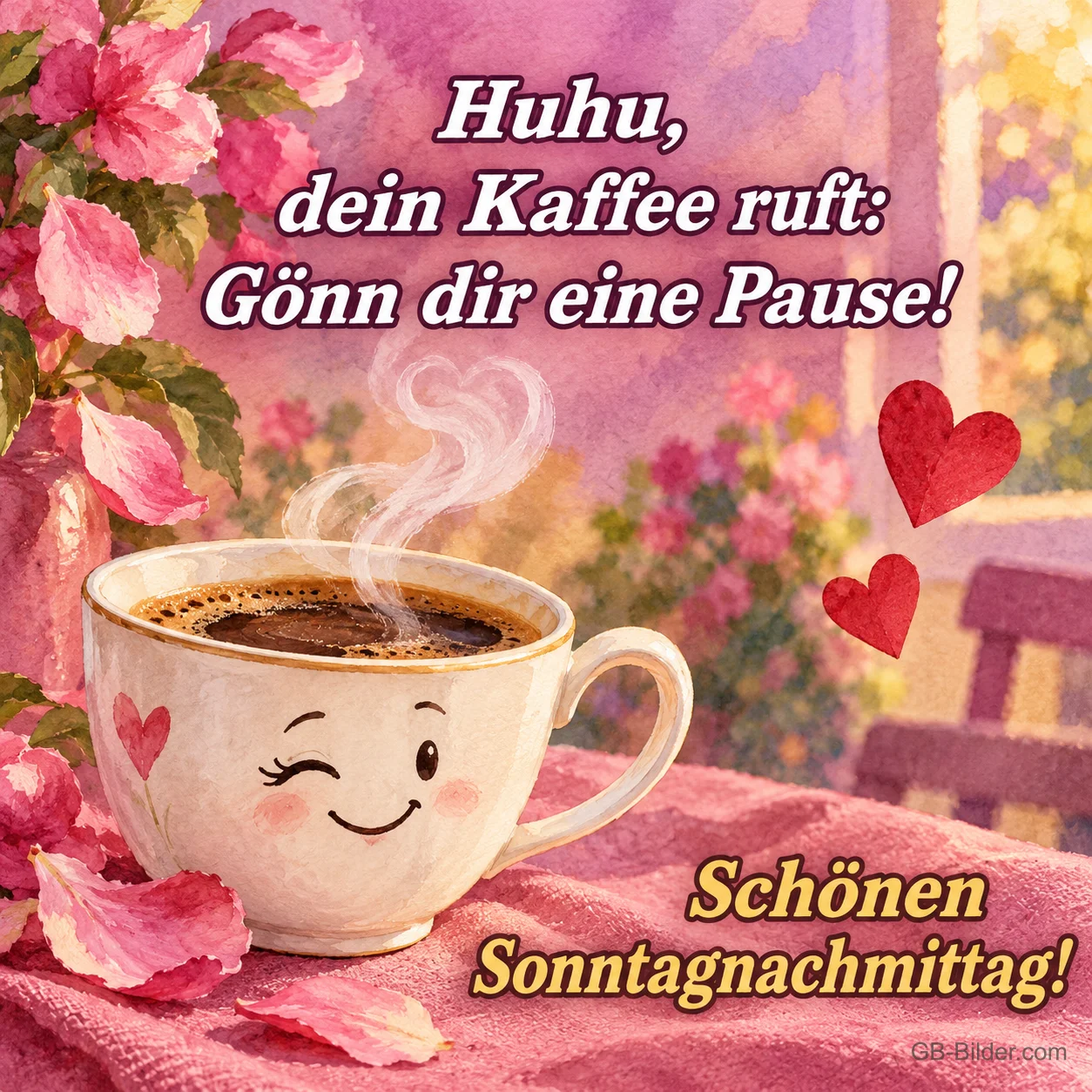 Zwinkernde Kaffeetasse mit Herzen, Text: Huhu, dein Kaffee ruft: – Gönn dir eine Pause! Schönen Sonntagnachmittag!