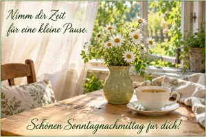 Kamillenstrauß und Teetasse am Fenster, Text: Nimm dir Zeit für eine kleine Pause. – Schönen Sonntagnachmittag für dich!