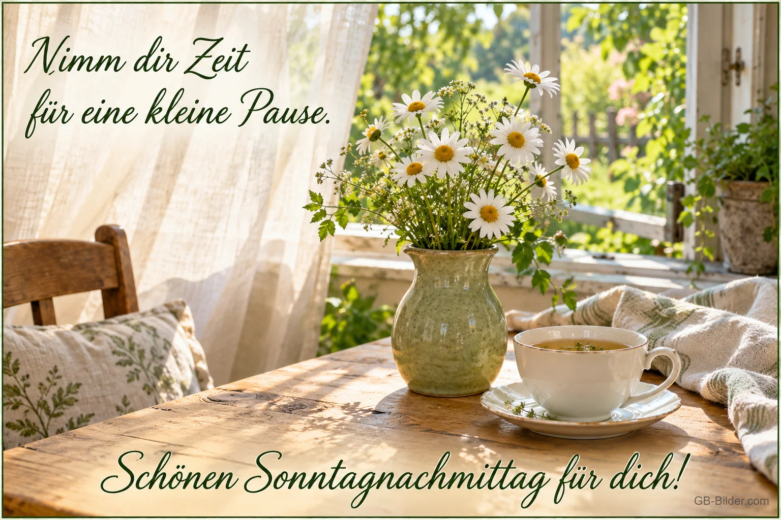 Kamillenstrauß und Teetasse am Fenster, Text: Nimm dir Zeit für eine kleine Pause. – Schönen Sonntagnachmittag für dich!