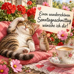 Getigerte Katze räkelt sich auf einem Kissen, eine Maus winkt daneben, Text: Einen wunderschönen Sonntagnachmittag – wünsche ich dir!