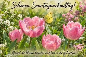 Rosa Tulpen mit Zitronenfalter im Garten, Text: Schönen Sonntagnachmittag! – Genieß die kleinen Freuden und lass es dir gut gehen!