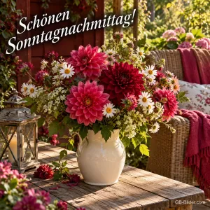 Dahlien und Margeriten in einer Vase auf der Terrasse, Text: Schönen Sonntagnachmittag!