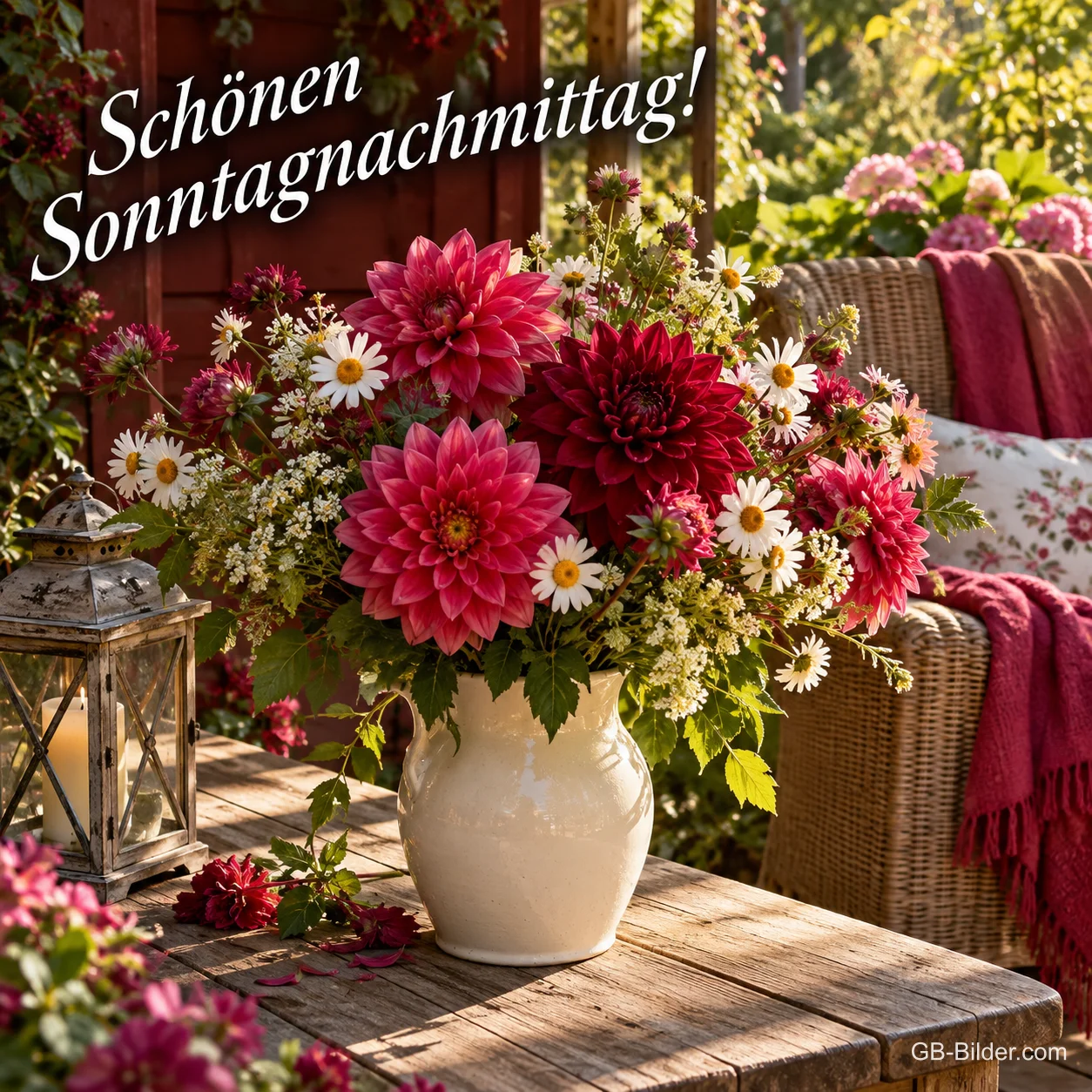 Dahlien und Margeriten in einer Vase auf der Terrasse, Text: Schönen Sonntagnachmittag!