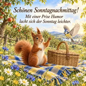 Eichhörnchen winkt auf einer Picknickdecke, Blaumeise fliegt heran, Text: Schönen Sonntagnachmittag! – Mit einer Prise Humor lacht sich der Sonntag leichter.