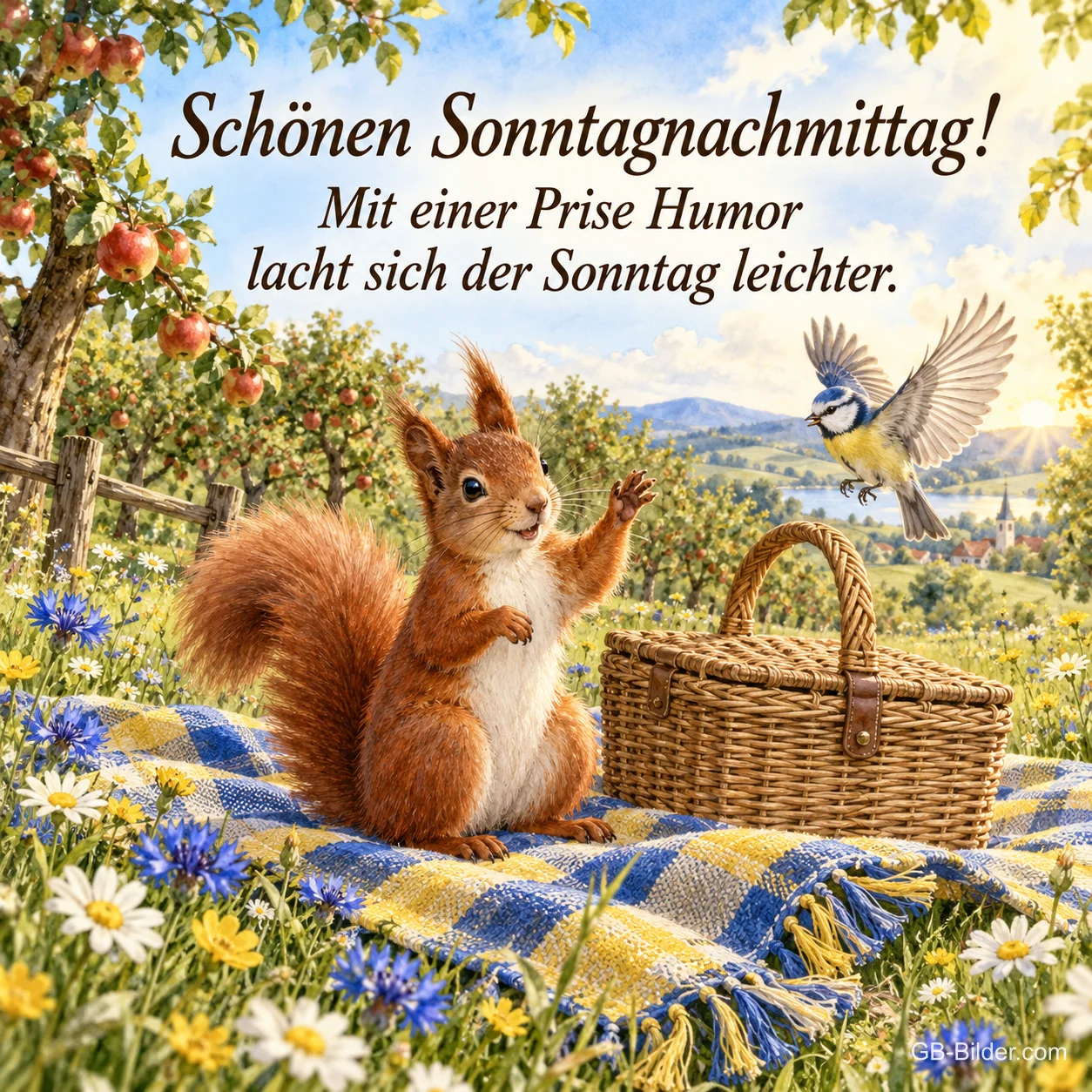 Eichhörnchen winkt auf einer Picknickdecke, Blaumeise fliegt heran, Text: Schönen Sonntagnachmittag! – Mit einer Prise Humor lacht sich der Sonntag leichter.