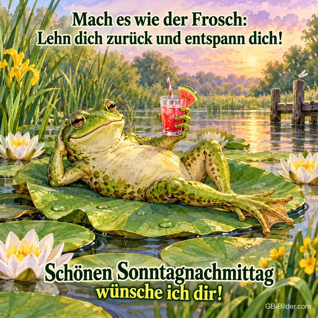 Frosch mit Getränk liegt entspannt auf einem Seerosenblatt, Text: Mach es wie der Frosch: Lehn dich zurück und entspann dich! – Schönen Sonntagnachmittag wünsche ich dir!
