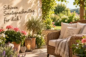 Gemütlicher Korbsessel mit Kissen auf einer blühenden Terrasse, Text: Schönen Sonntagnachmittag – für dich!