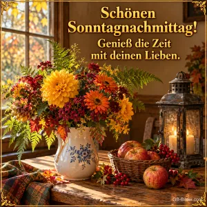 Herbstblumen in einer Kanne, Äpfel und Laterne am Fenster, Text: Schönen Sonntagnachmittag! – Genieß die Zeit mit deinen Lieben.