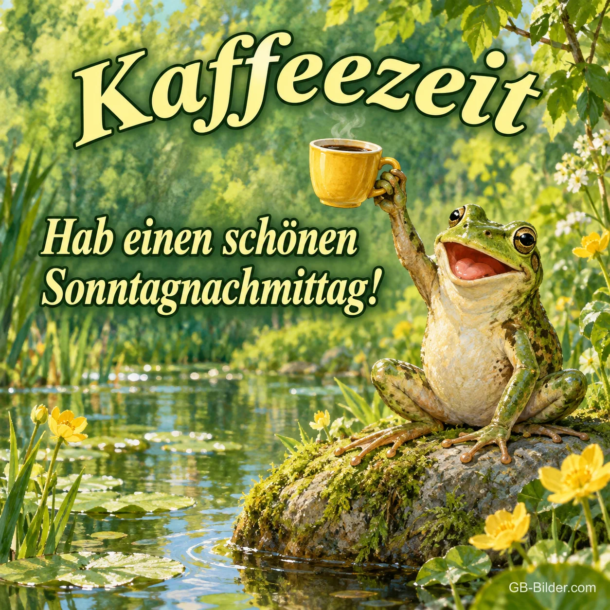 Frosch hebt eine Kaffeetasse auf einem Stein am Teich, Text: Kaffeezeit – Hab einen schönen Sonntagnachmittag! Frosch hebt eine Kaffeetasse auf einem Stein am Teich, Text: Kaffeezeit – Hab einen schönen Sonntagnachmittag!