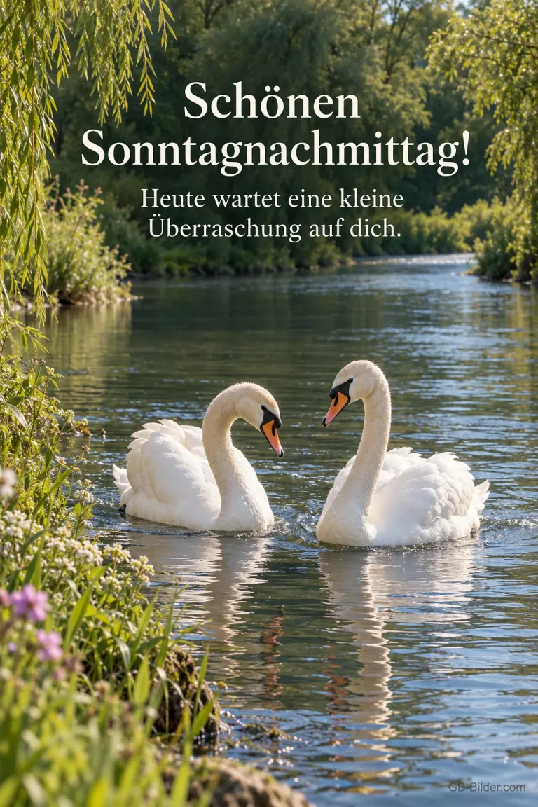 Zwei weiße Schwäne auf einem Fluss, Text: Schönen Sonntagnachmittag! – Heute wartet eine kleine Überraschung auf dich.