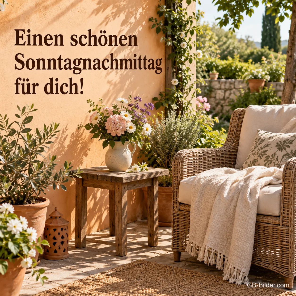 Korbsessel mit Decke und Blumen auf einer sonnigen Terrasse, Text: Einen schönen Sonntagnachmittag – für dich! Korbsessel mit Decke und Blumen auf einer sonnigen Terrasse, Text: Einen schönen Sonntagnachmittag – für dich!