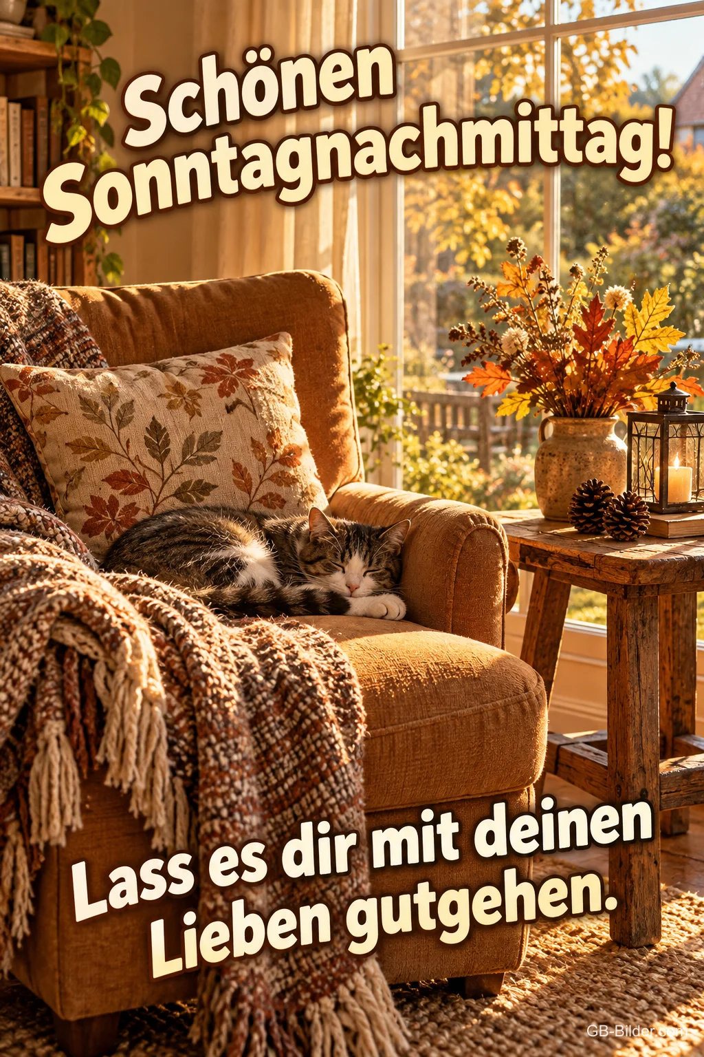 Katze schläft in einem gemütlichen Sessel am Herbstfenster, Text: Schönen Sonntagnachmittag! – Lass es dir mit deinen Lieben gutgehen. Katze schläft in einem gemütlichen Sessel am Herbstfenster, Text: Schönen Sonntagnachmittag! – Lass es dir mit deinen Lieben gutgehen.