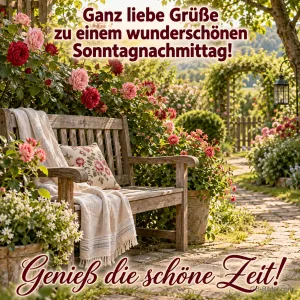 Holzbank mit Kissen in einem Rosengarten, Text: Ganz liebe Grüße zu einem wunderschönen Sonntagnachmittag! – Genieß die schöne Zeit!