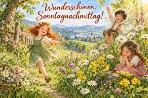 Mädchen tanzt durch eine Blumenwiese, Kinder spielen zwischen Margeriten, Text: Wunderschönen Sonntagnachmittag!