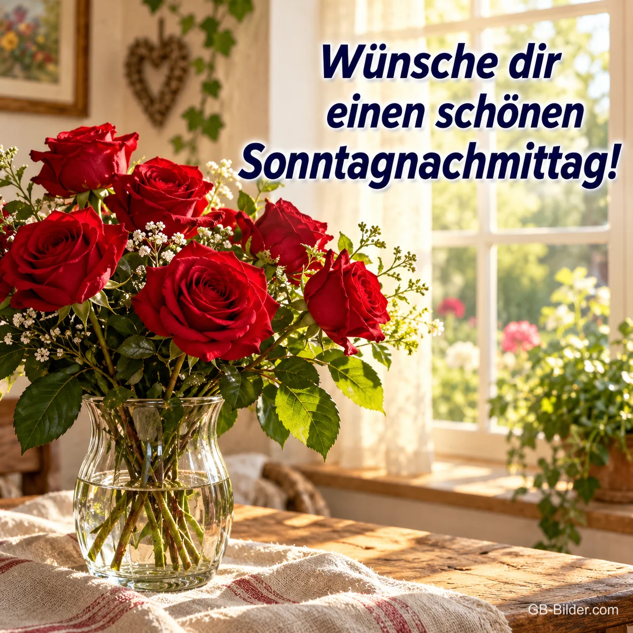 Rote Rosen in einer Glasvase am Fenster, Text: Wünsche dir einen schönen – Sonntagnachmittag! Rote Rosen in einer Glasvase am Fenster, Text: Wünsche dir einen schönen – Sonntagnachmittag!