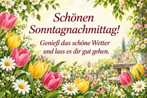 Tulpen und Margeriten in einem sonnigen Garten, Text: Schönen Sonntagnachmittag! – Genieß das schöne Wetter und lass es dir gut gehen.