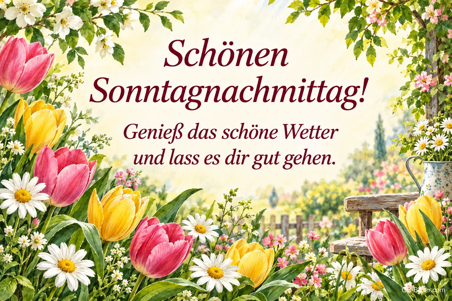 Tulpen und Margeriten in einem sonnigen Garten, Text: Schönen Sonntagnachmittag! – Genieß das schöne Wetter und lass es dir gut gehen. Tulpen und Margeriten in einem sonnigen Garten, Text: Schönen Sonntagnachmittag! – Genieß das schöne Wetter und lass es dir gut gehen.