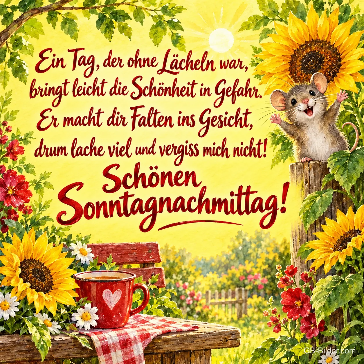 Maus winkt zwischen Sonnenblumen, Tasse auf einer Gartenbank, Text: Ein Tag, der ohne Lächeln war, bringt leicht die Schönheit in Gefahr. Er macht dir Falten ins Gesicht, drum lache viel und vergiss mich nicht! Schönen Sonntagnachmittag!