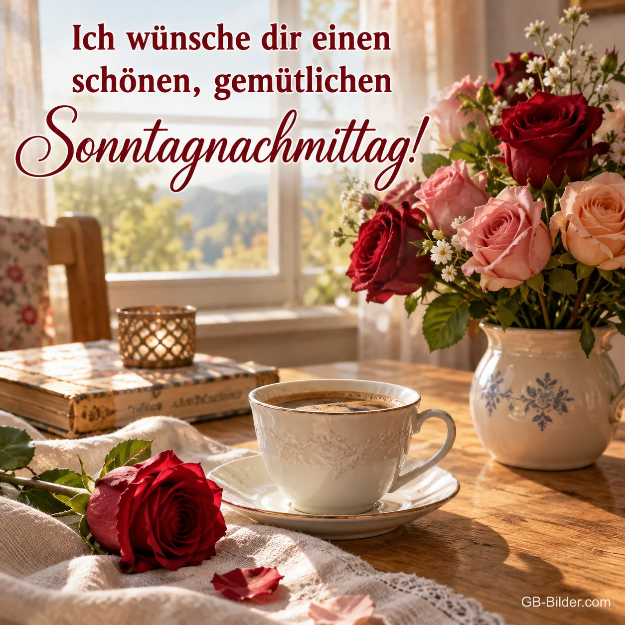 Kaffeetasse und Rosen am Fenster, Text: Ich wünsche dir einen schönen, gemütlichen – Sonntagnachmittag! Kaffeetasse und Rosen am Fenster, Text: Ich wünsche dir einen schönen, gemütlichen – Sonntagnachmittag!