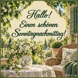 Blumenvase und Korbsessel auf einer begrünten Terrasse, Text: Hallo! – Einen schönen Sonntagnachmittag!
