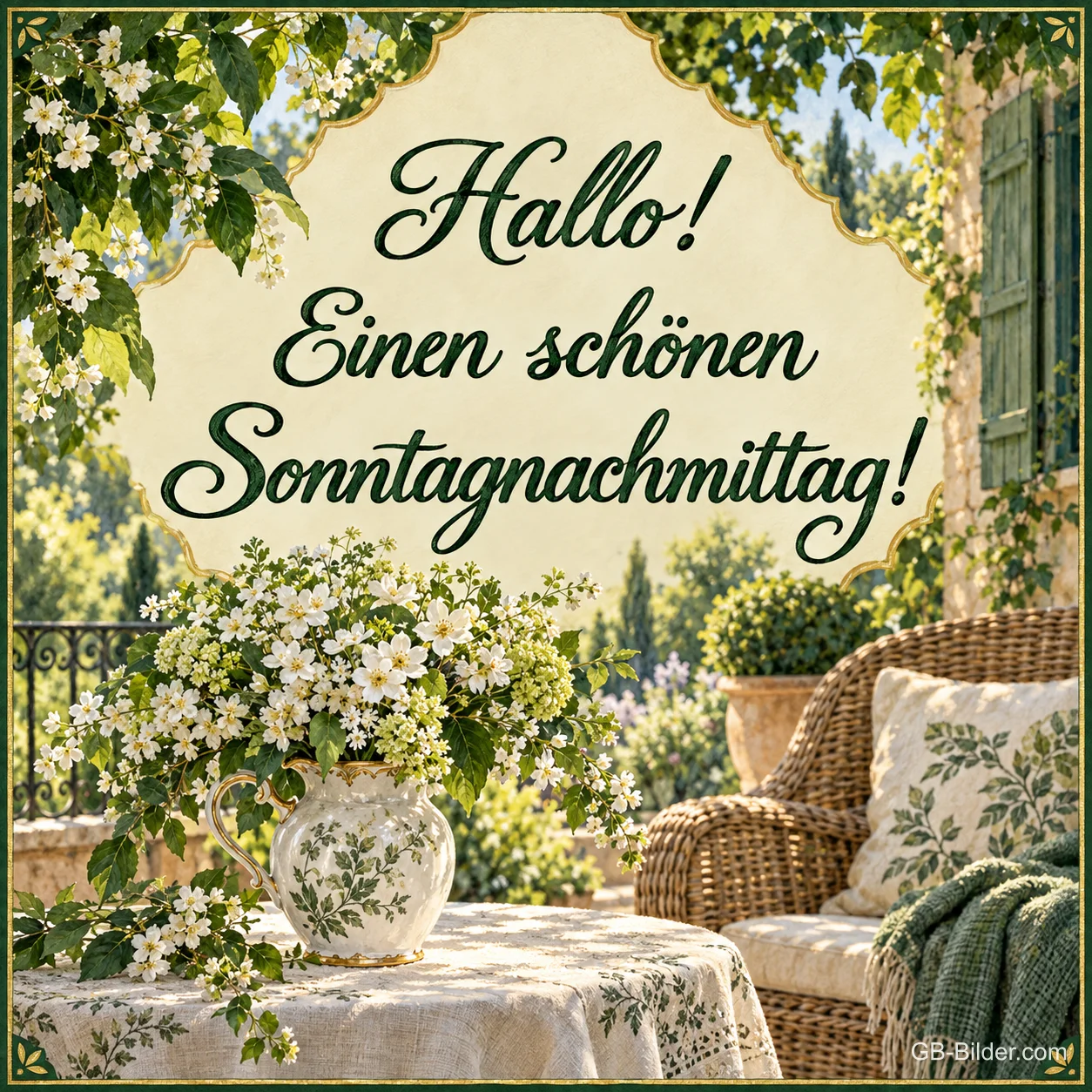 Blumenvase und Korbsessel auf einer begrünten Terrasse, Text: Hallo! – Einen schönen Sonntagnachmittag! Blumenvase und Korbsessel auf einer begrünten Terrasse, Text: Hallo! – Einen schönen Sonntagnachmittag!