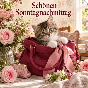 Kätzchen schaut aus einer roten Handtasche zwischen Rosen, Text: Schönen – Sonntagnachmittag!