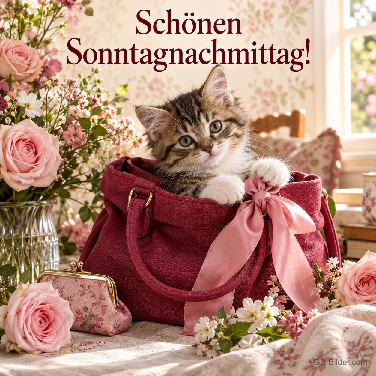Kätzchen schaut aus einer roten Handtasche zwischen Rosen, Text: Schönen – Sonntagnachmittag! Kätzchen schaut aus einer roten Handtasche zwischen Rosen, Text: Schönen – Sonntagnachmittag!