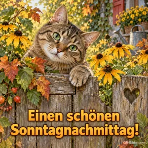 Getigerte Katze schaut über einen Holzzaun zwischen Sonnenhut, Text: Einen schönen – Sonntagnachmittag!