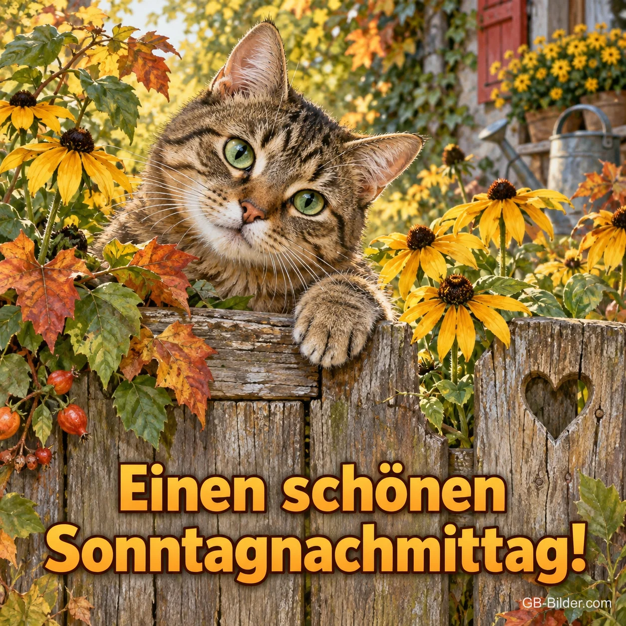 Getigerte Katze schaut über einen Holzzaun zwischen Sonnenhut, Text: Einen schönen – Sonntagnachmittag! Getigerte Katze schaut über einen Holzzaun zwischen Sonnenhut, Text: Einen schönen – Sonntagnachmittag!