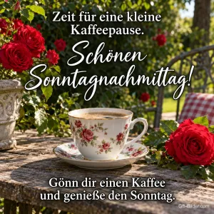 Kaffeetasse mit Rosenmuster auf einem Gartentisch zwischen roten Rosen, Text: Zeit für eine kleine Kaffeepause. – Schönen Sonntagnachmittag! Gönn dir einen Kaffee und genieße den Sonntag.