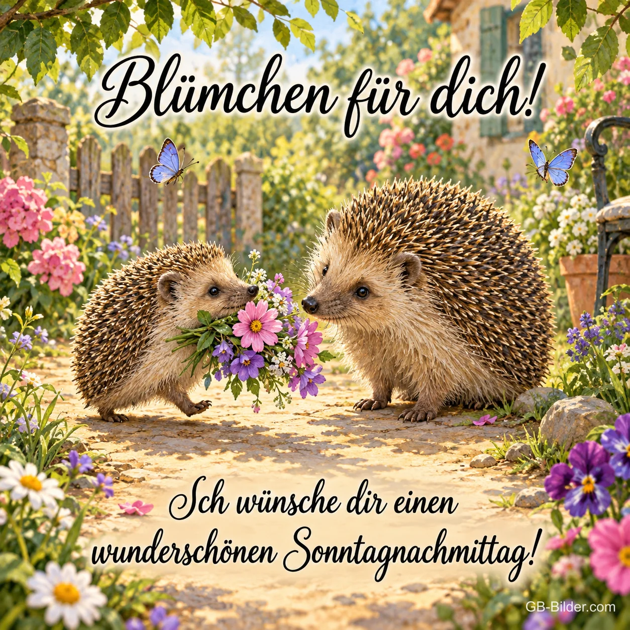 Igel bringt einem anderen Igel einen Blumenstrauß im Garten, Text: Blümchen für dich! – Ich wünsche dir einen wunderschönen Sonntagnachmittag! Igel bringt einem anderen Igel einen Blumenstrauß im Garten, Text: Blümchen für dich! – Ich wünsche dir einen wunderschönen Sonntagnachmittag!