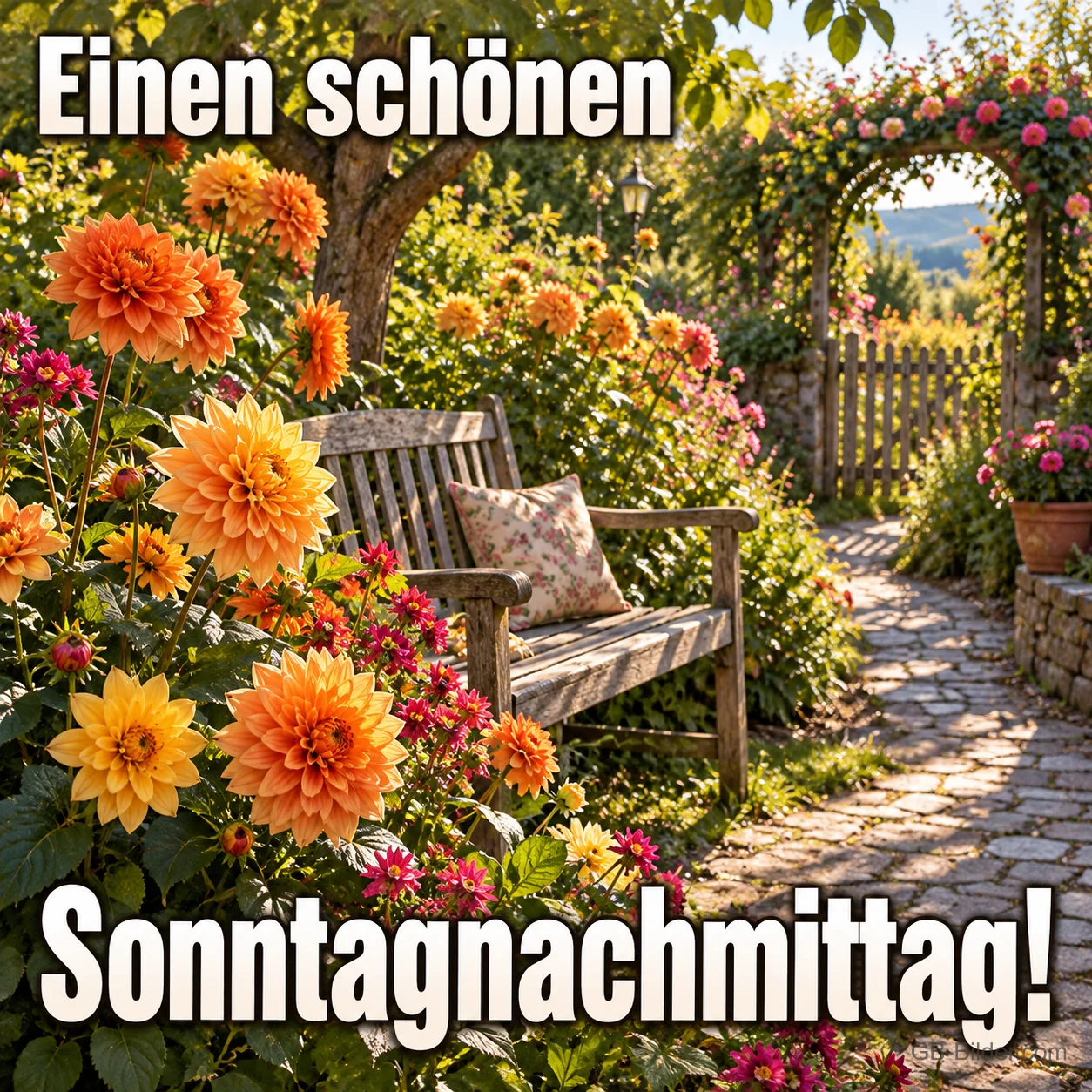 Gartenbank zwischen Dahlien unter einem Rosenbogen, Text: Einen schönen – Sonntagnachmittag! Gartenbank zwischen Dahlien unter einem Rosenbogen, Text: Einen schönen – Sonntagnachmittag!