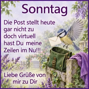 Blaumeise mit Brief im Schnabel über einer Posttasche am Gartenzaun, Text: Sonntag – Die Post stellt heute gar nicht zu, doch virtuell hast Du meine Zeilen im Nu!!! Liebe Grüße von mir zu Dir