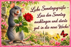 Lachende graue Ratte hält eine rote Rose im Blumengarten, Text: Liebe Sonntagsgrüße – Lass den Sonntag ausklingen und starte gut in die neue Woche!