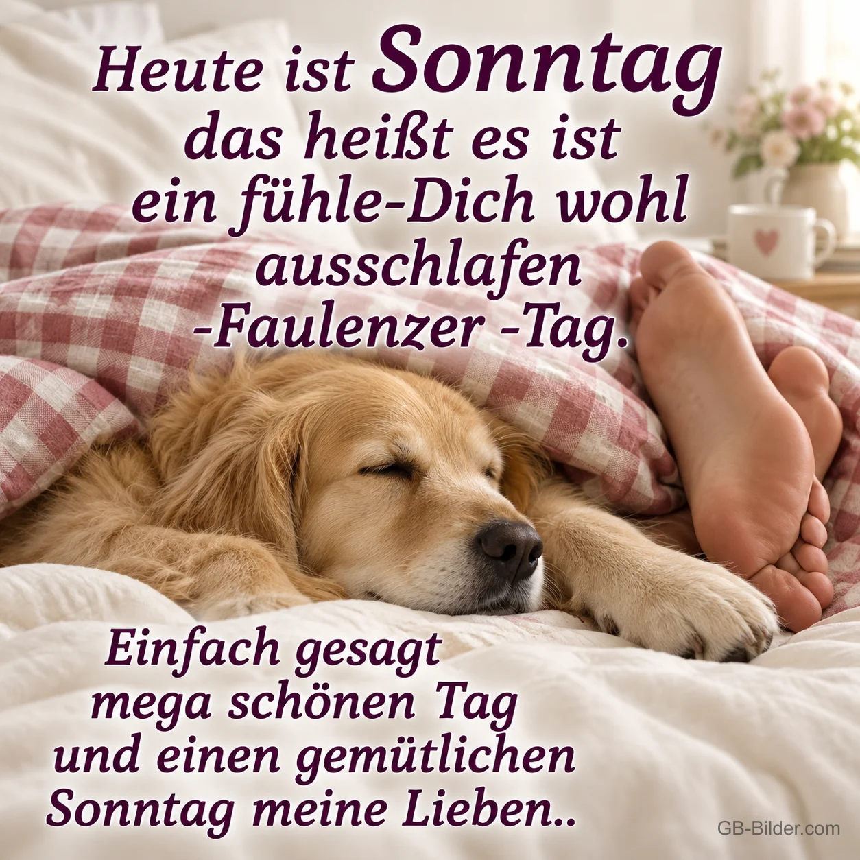 Hund schläft im Bett, Text: Heute ist Sonntag das heißt es ist ein fühle-Dich wohl ausschlafen-Fau