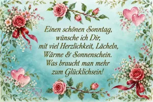 Rahmen aus Rosen und Herzen auf türkisem Hintergrund, Text: Einen schönen Sonntag, wünsche ich Dir, mit viel Herzlichkeit, Lächeln, Wärme & Sonnenschein. Was braucht man mehr zum Glücklichsein!
